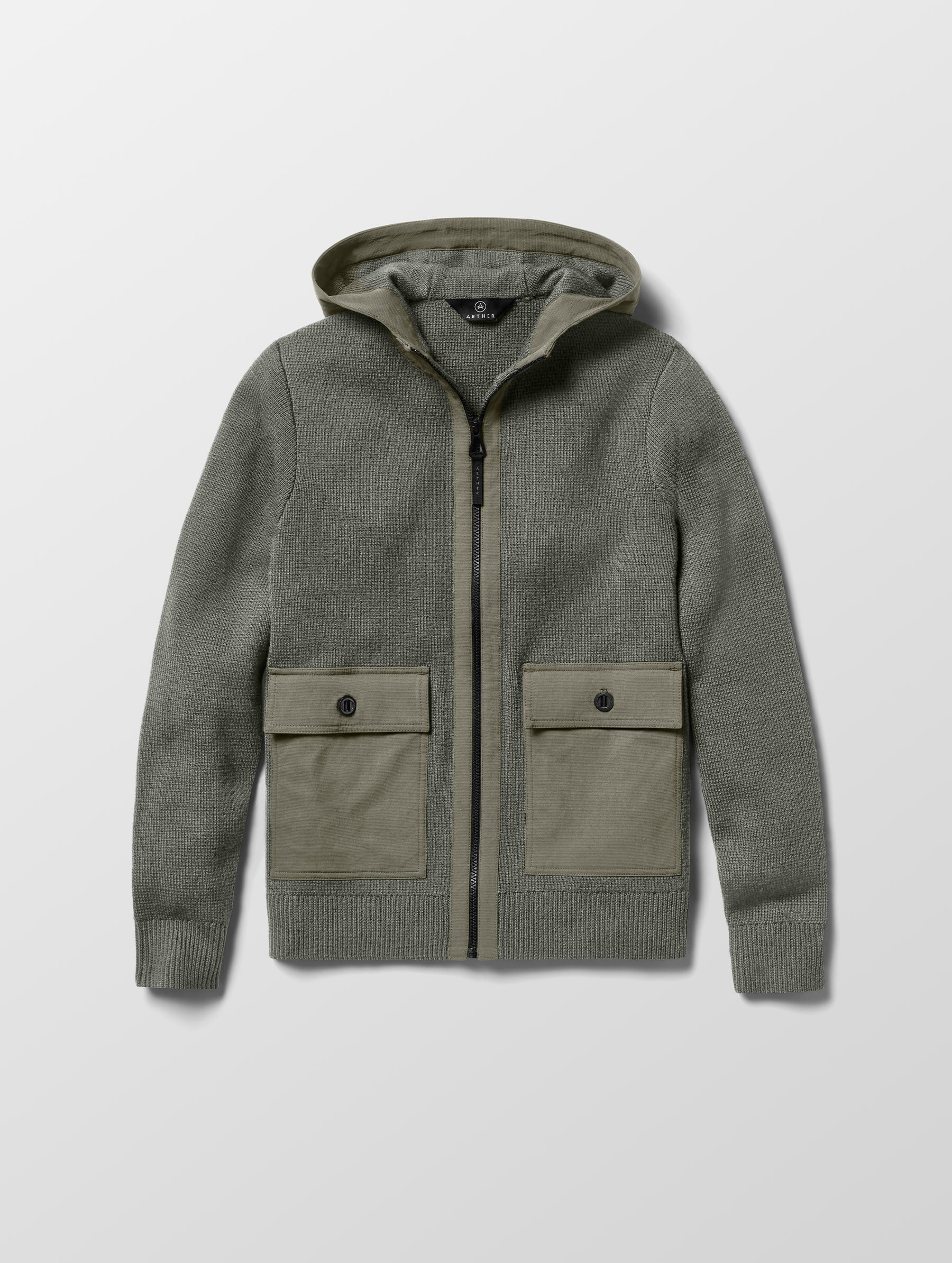 Flat lay image of Benson Full-Zip Sweater in Gunmetal grey from AETHER Apparel. 