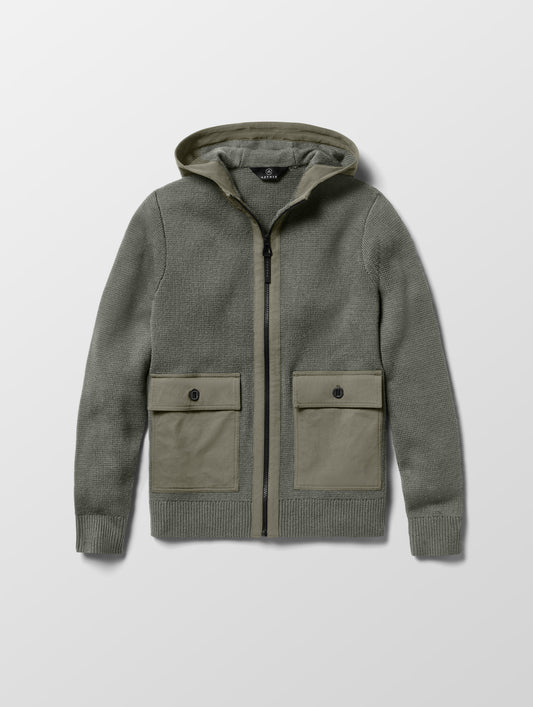 Flat lay image of Benson Full-Zip Sweater in Gunmetal grey from AETHER Apparel. 