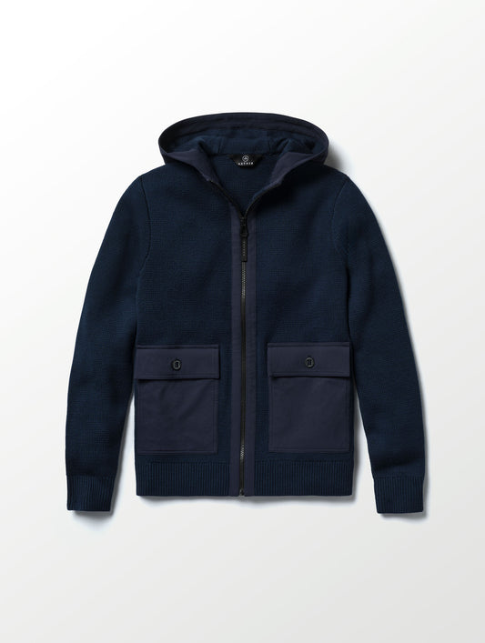 Flat lay image of Benson Full-Zip Sweater in Total Eclipse dark blue from AETHER Apparel. 