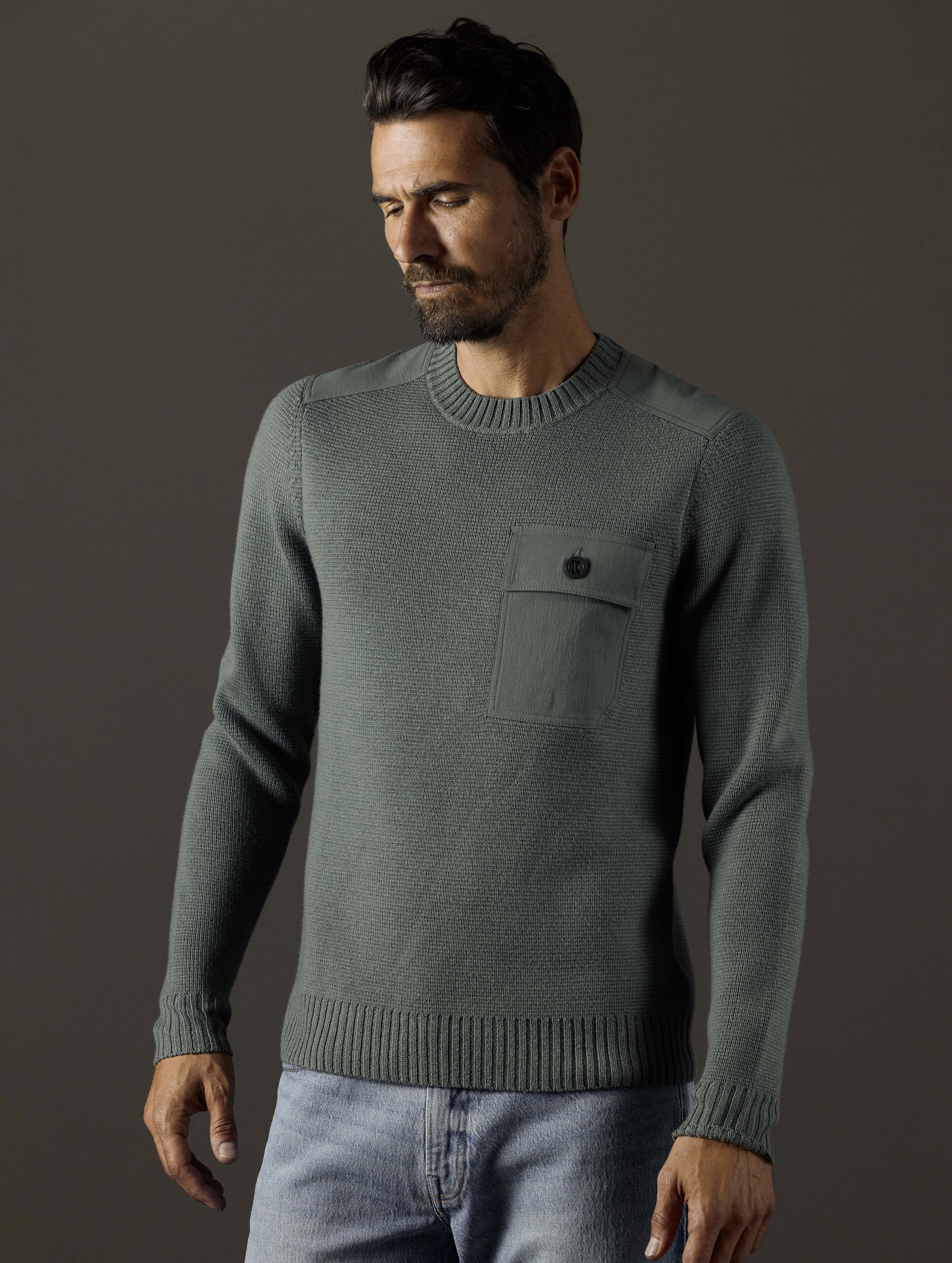 man wearing grey sweater from AETHER Apparel