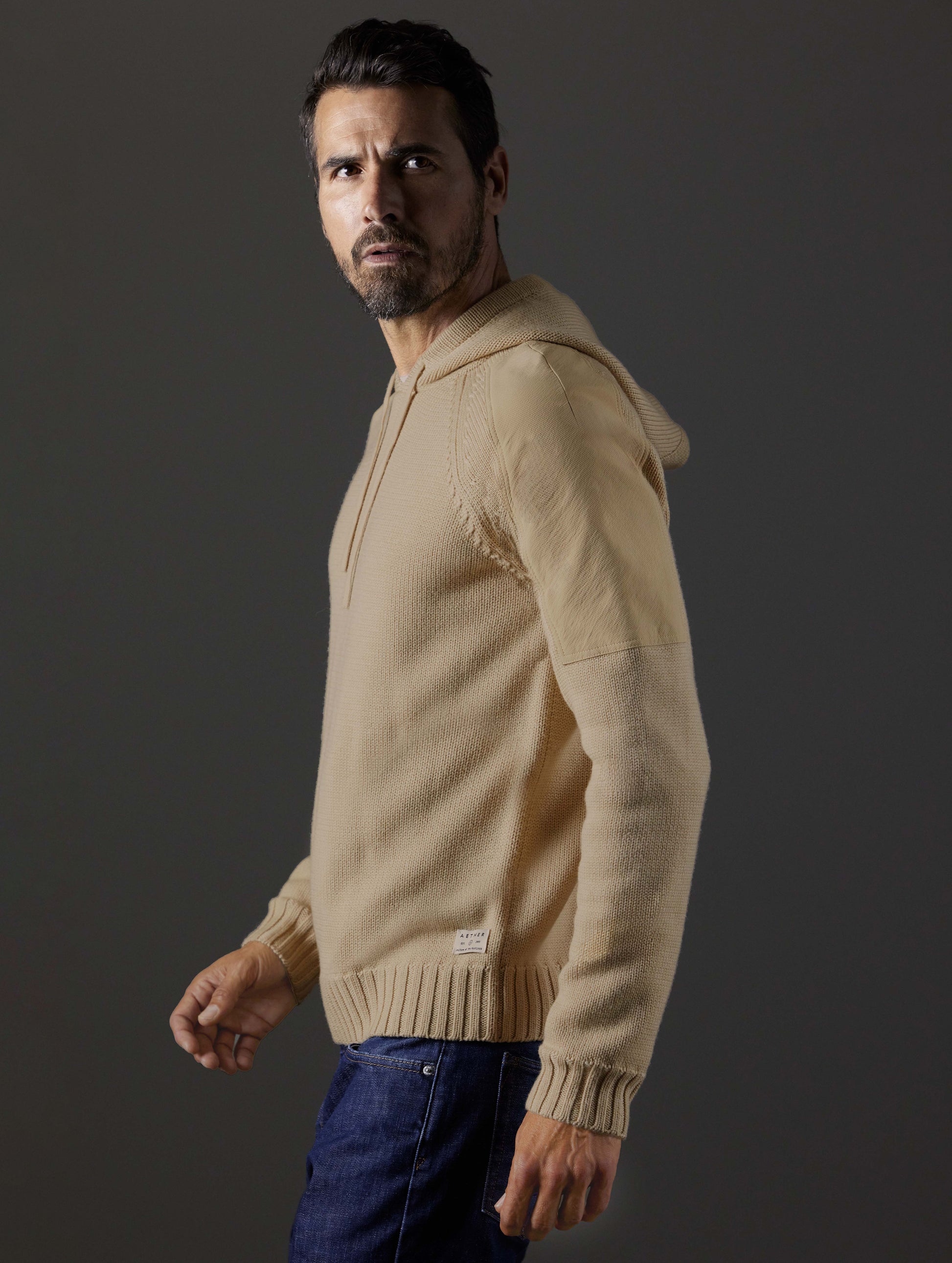 men's tan hooded sweater from AETHER Apparel