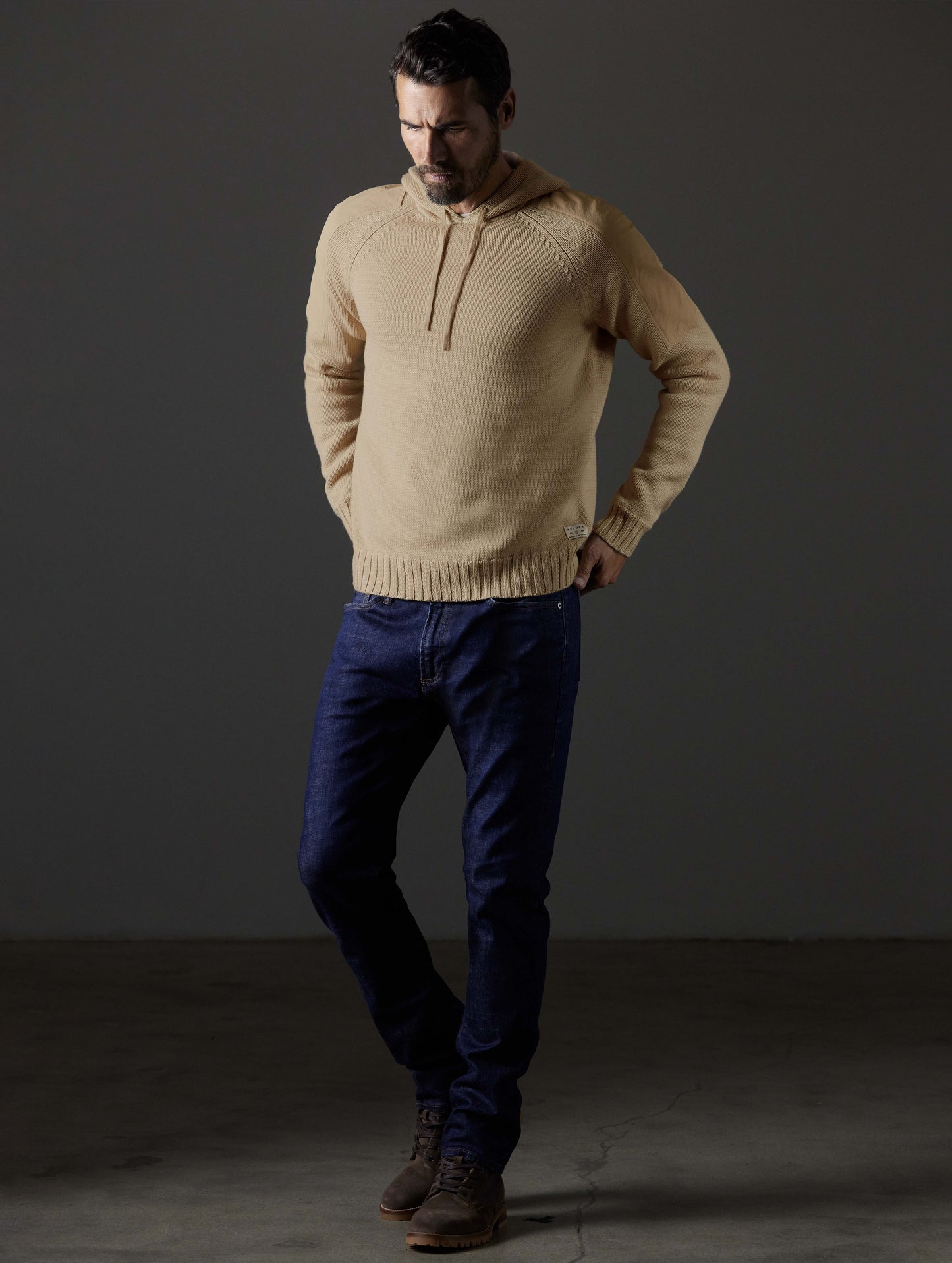 men's tan hooded sweater from AETHER Apparel