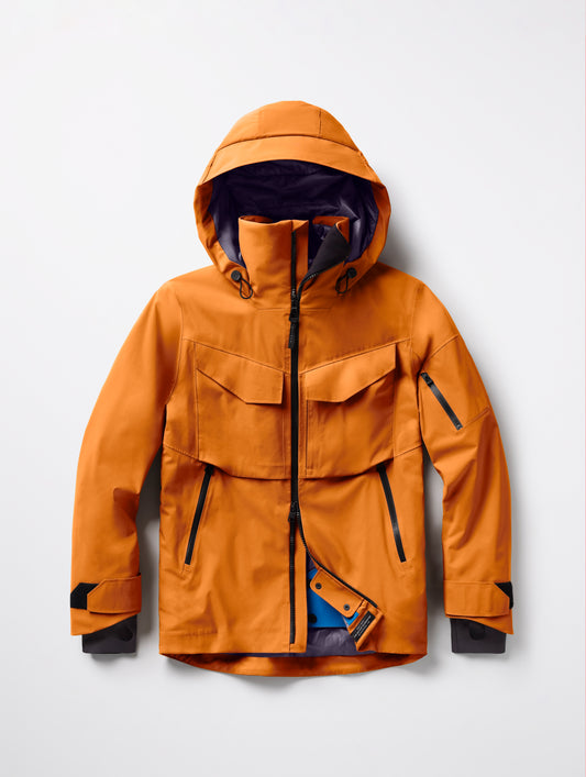 Flat lay of Brighton Insulated Snow Jacket in Autumn Orange from AETHER Apparel.