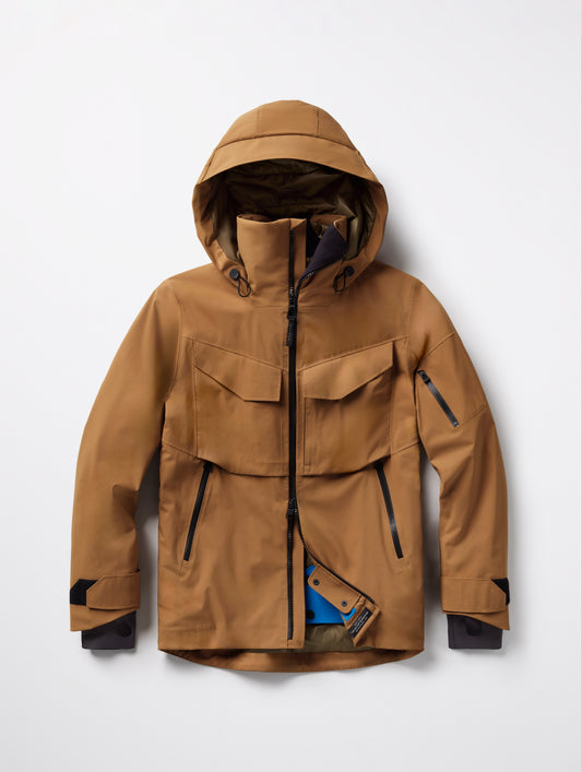 Flat lay of Brighton Insulated Snow Jacket in Rubber Brown from AETHER Apparel.