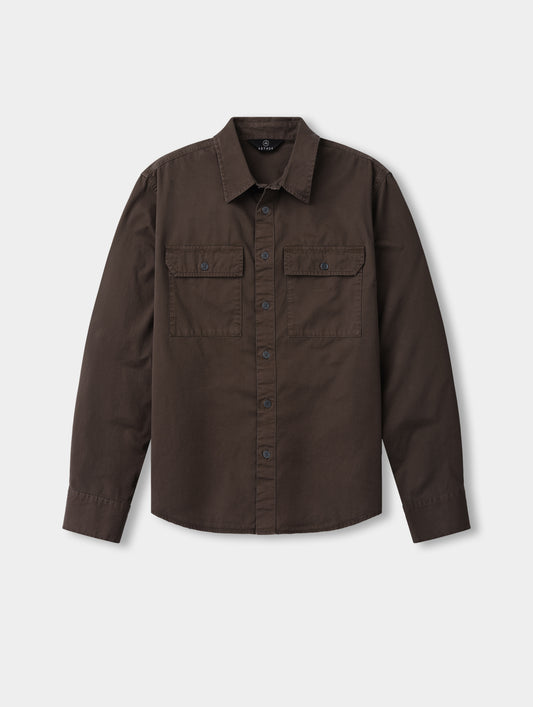Flat lay of the Caden Work Shirt in Ash Brown from AETHER Apparel.