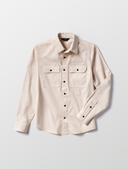 Flat lay of the Caden Work Shirt in Bone from AETHER Apparel.