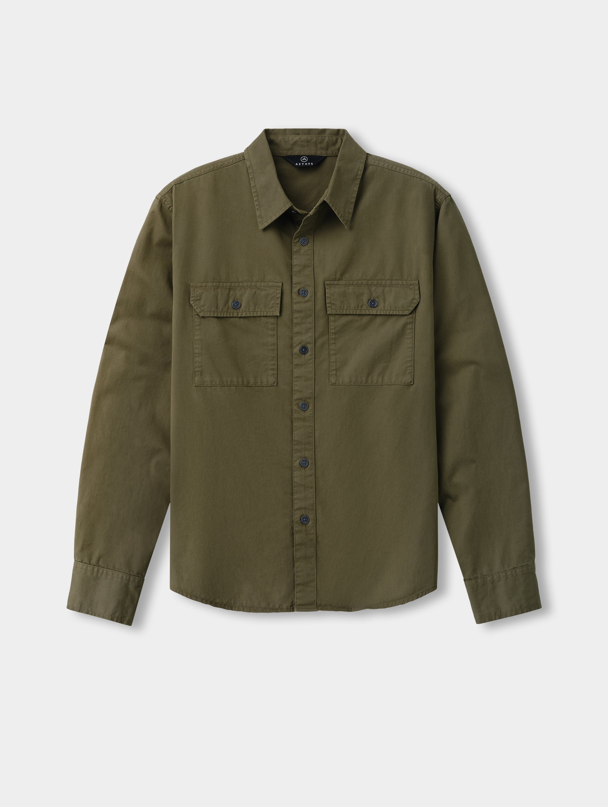 Flat lay of the Caden Work Shirt in Cadet from AETHER Apparel.