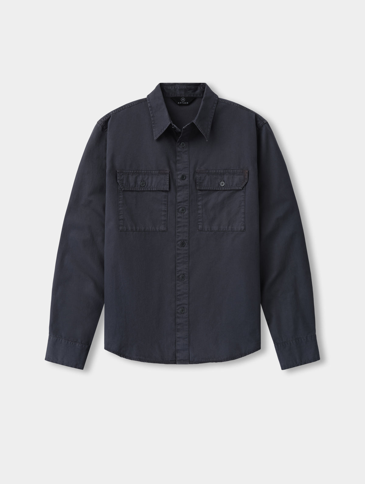 Flat lay of the Caden Work Shirt in Graphite from AETHER Apparel.