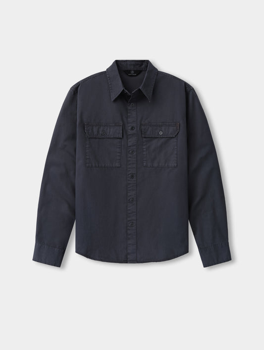 Flat lay of the Caden Work Shirt in Graphite from AETHER Apparel.