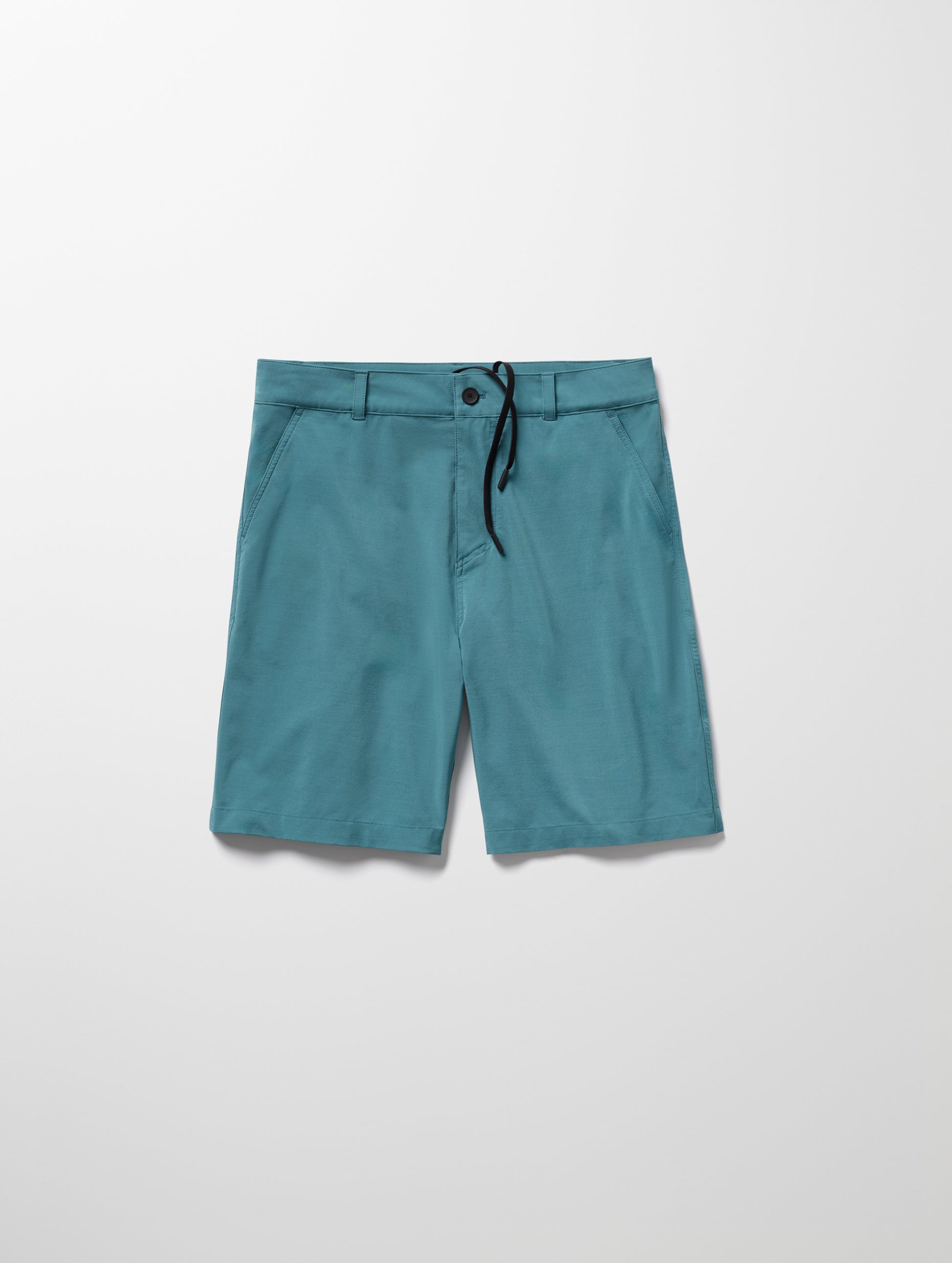 Flay lay image of men’s Catalina Submersible Short in Aqua Blue from AETHER Apparel.