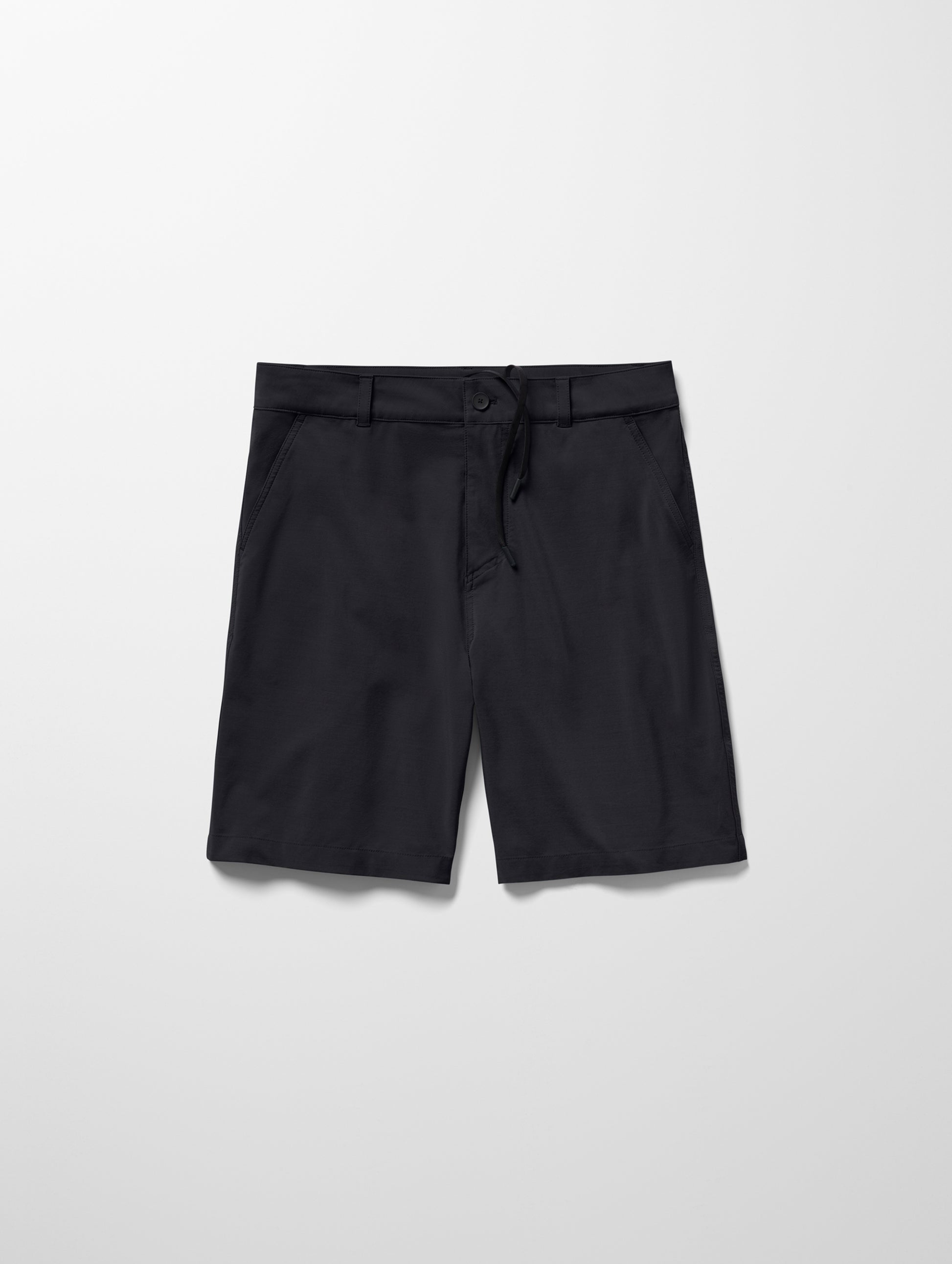 Flay lay image of men’s Catalina Submersible Short in Onyx Black from AETHER Apparel.