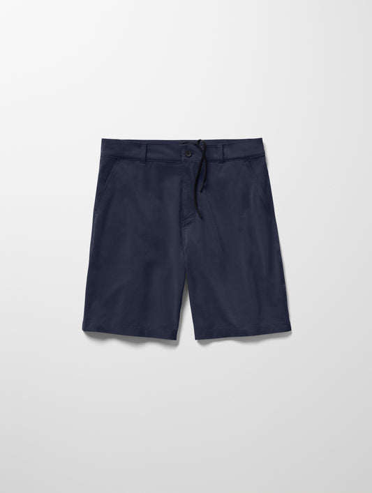 Flay lay image of men’s Catalina Submersible Short in Total Eclipse dark blue from AETHER Apparel.