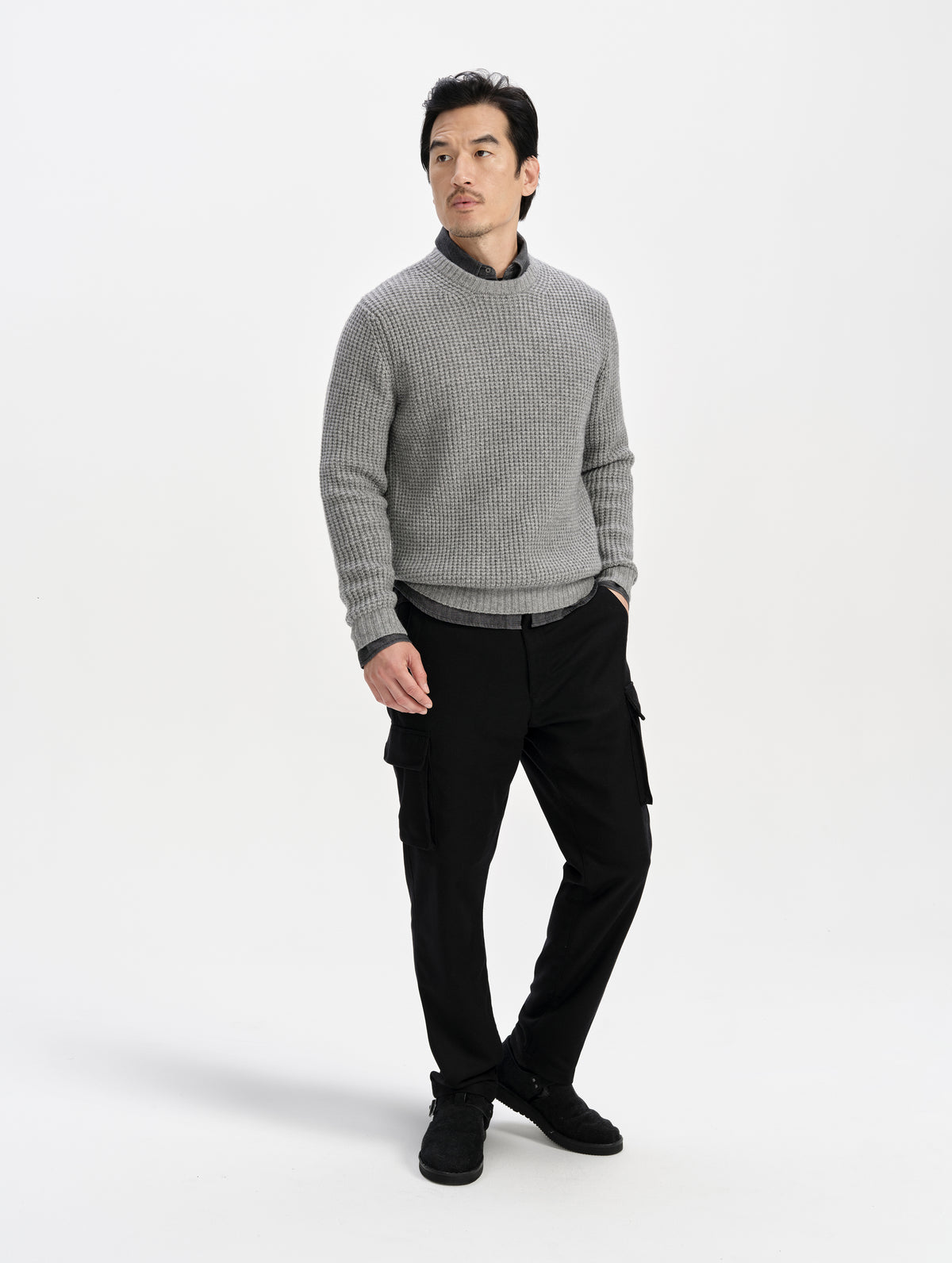 Front full-body view of man wearing the Coastal Waffle Sweater in Heather Grey  from AETHER Apparel.
