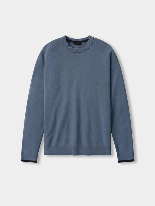 Flat lay view of the Corbin Sweater in Portal Blue from AETHER Apparel.
