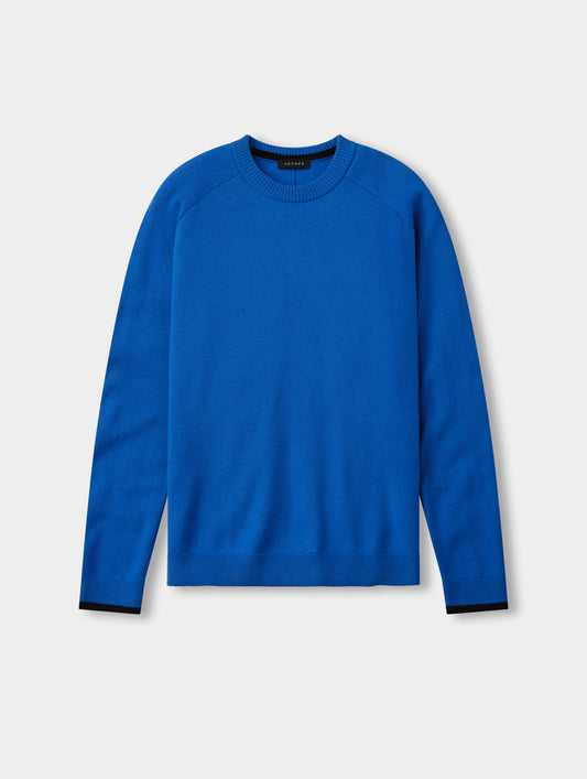 Flat lay view of the Corbin Sweater in Summit Blue from AETHER Apparel.