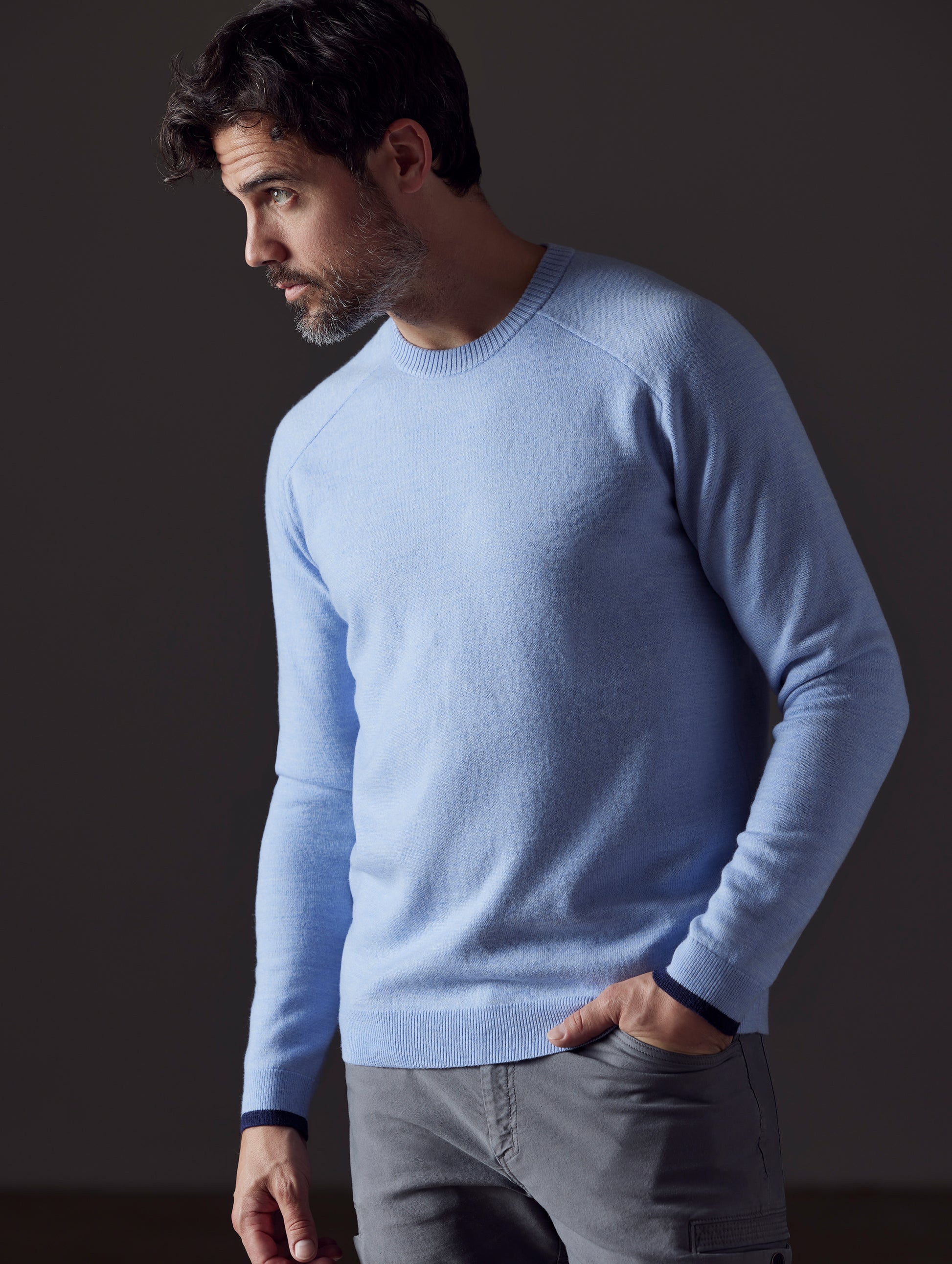 man wearing light blue sweater from AETHER Apparel