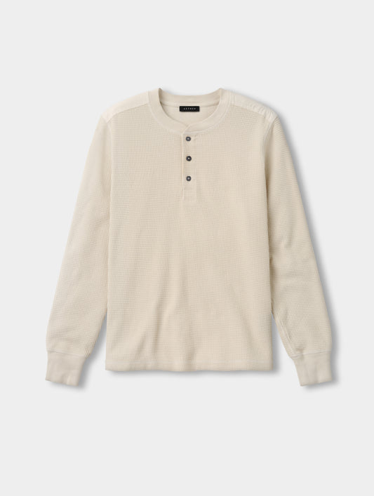 Flat lay view of the Daley Waffle Henley in Bone from AETHER Apparel.