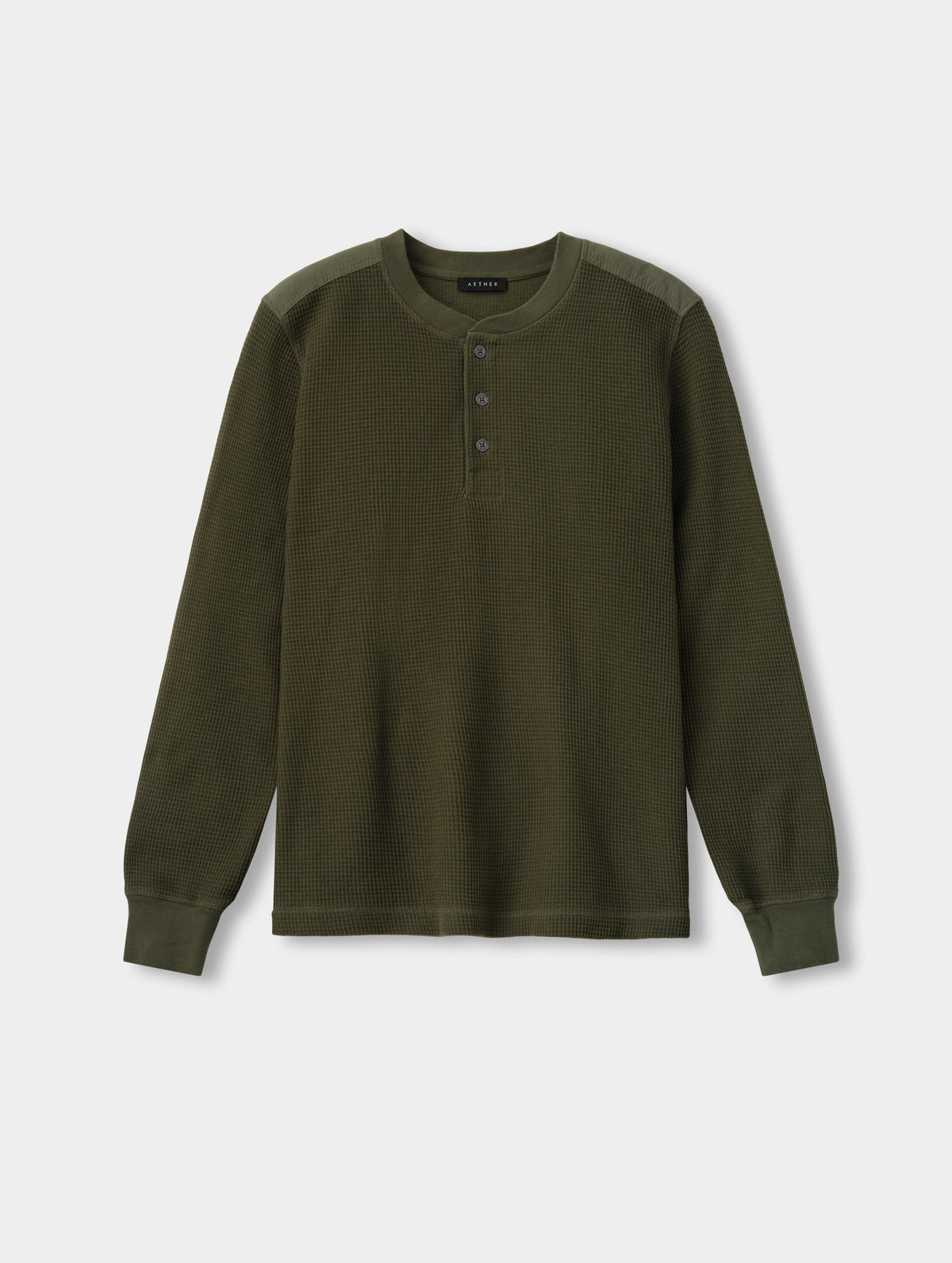 Flat lay view of the Daley Waffle Henley in Forest Green from AETHER Apparel.
