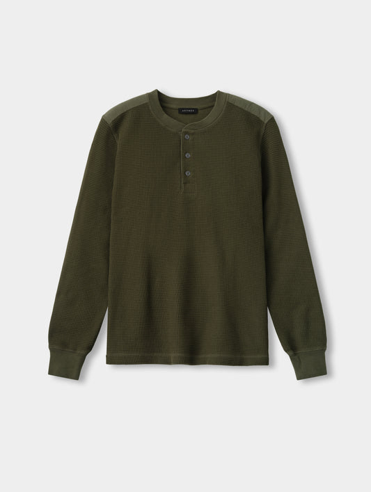 Flat lay view of the Daley Waffle Henley in Forest Green from AETHER Apparel.