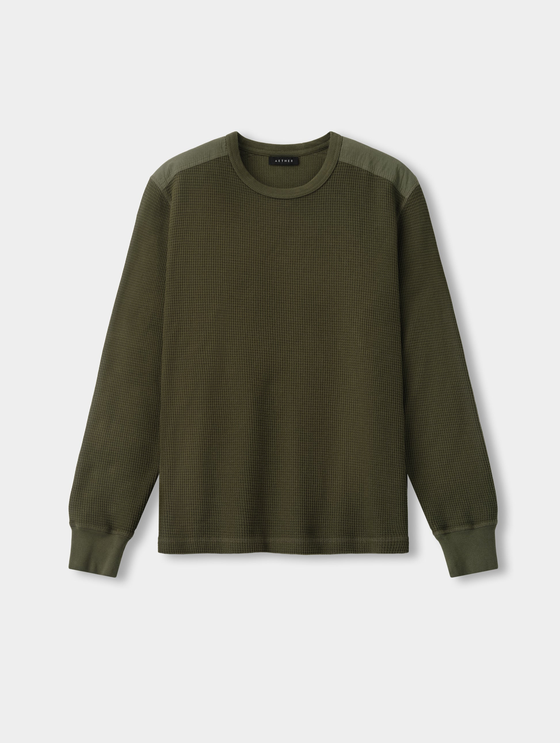 Flat lay view of the Daley Waffle Shirt in Forest Green from AETHER Apparel.
