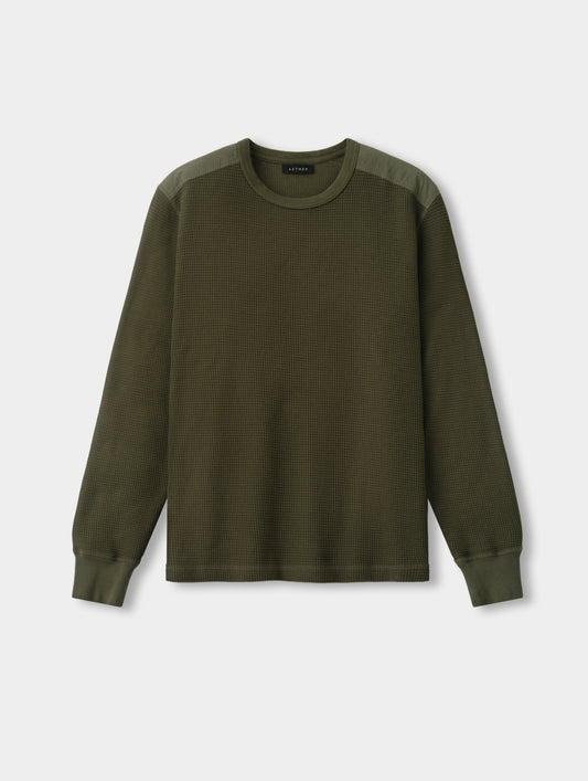 Flat lay view of the Daley Waffle Shirt in Forest Green from AETHER Apparel.