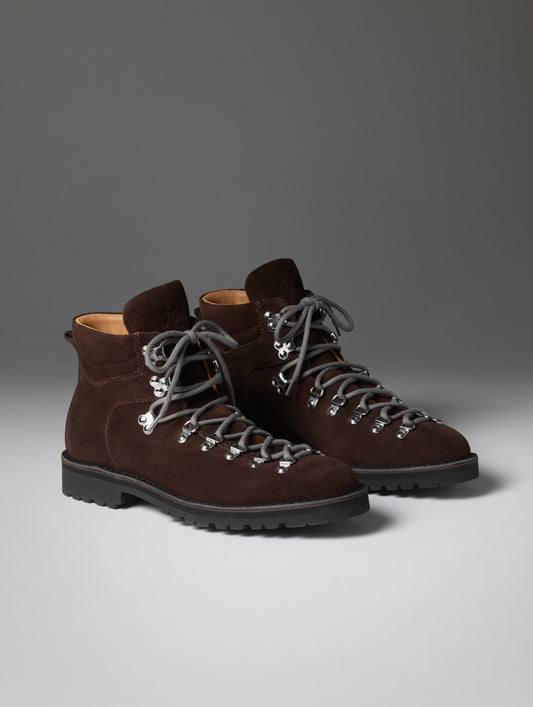 Front angled view of the men's Dolomite Boot in Espresso Brown with gray laces from AETHER Apparel. 