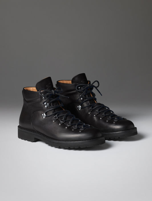 Front angled view of the men's Dolomite Boot in Onyx Black with black laces from AETHER Apparel.