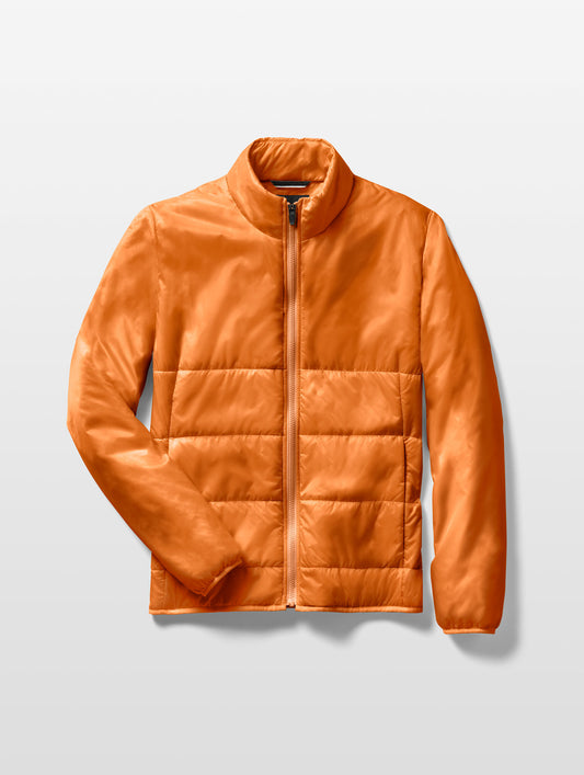 Flat lay of Eco Insulated Jacket in Autumn Orange from AETHER Apparel.