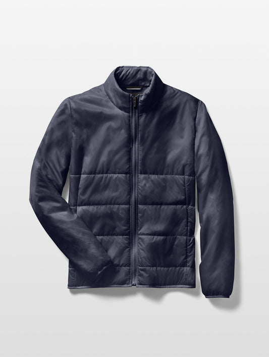 Flat lay image of Eco Insulated Jacket in Total Eclipse dark blue from AETHER Apparel.