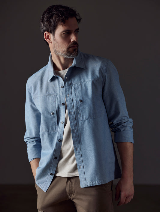man wearing light blue button-down from AETHER Apparel