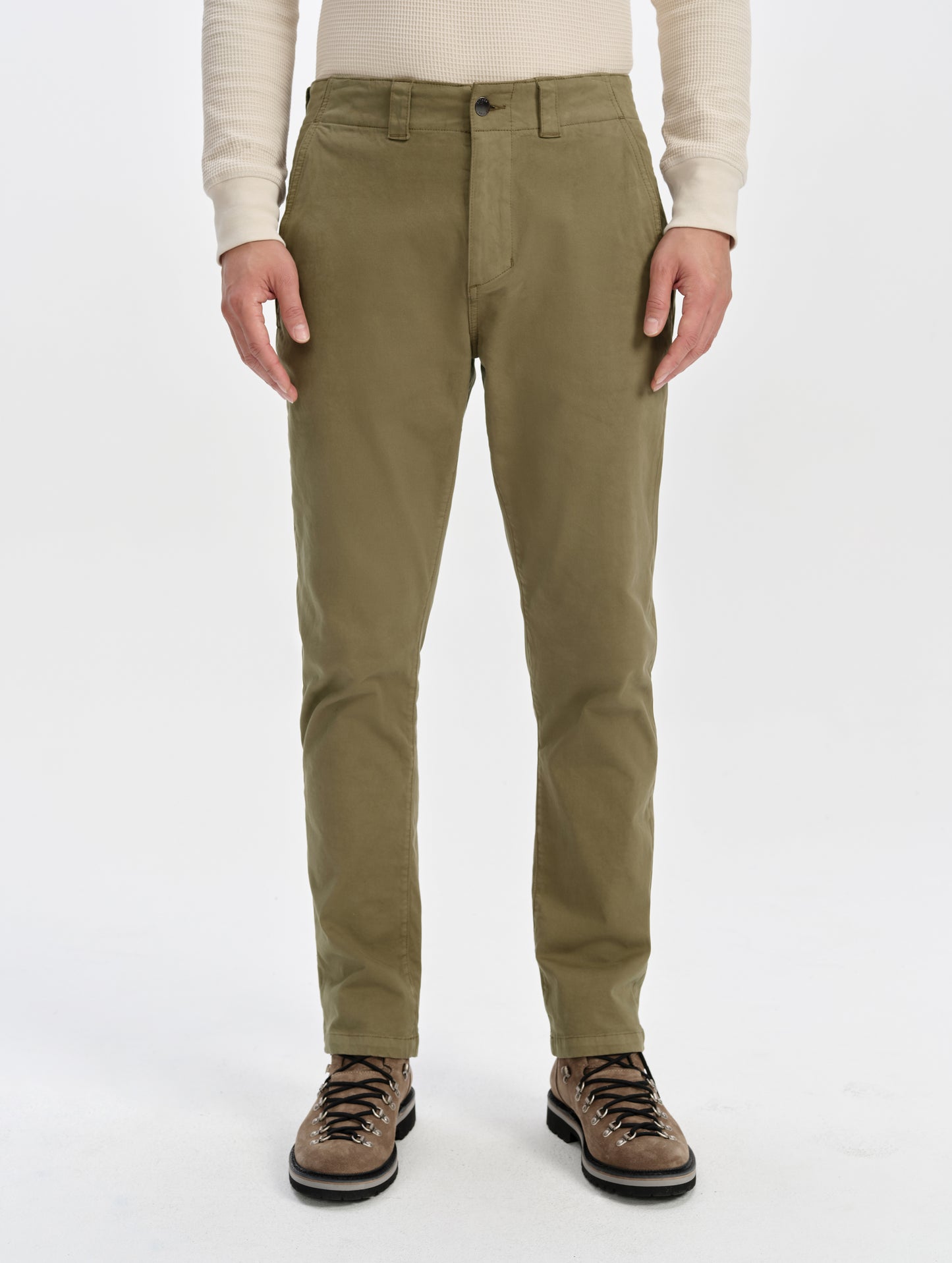 Front lower-body view of man wearing the Flint Chino Pant in Cadet from AETHER Apparel.