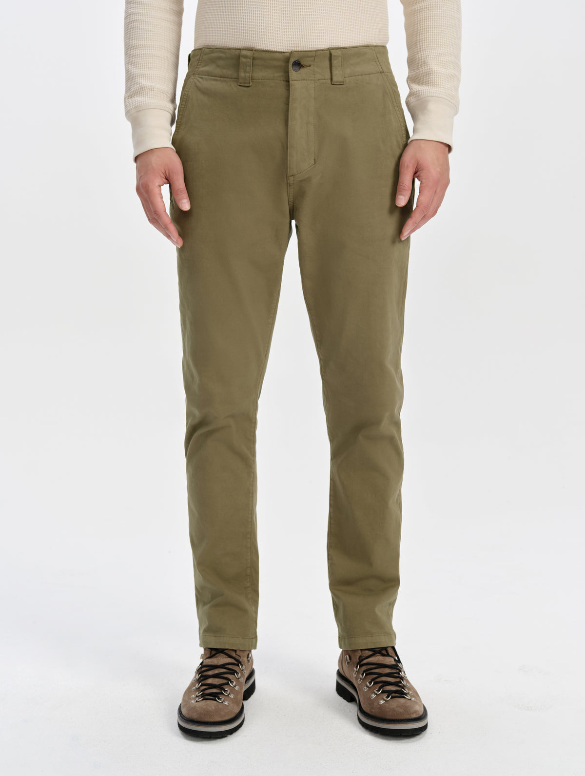 Front lower-body view of man wearing the Flint Chino Pant in Cadet from AETHER Apparel.