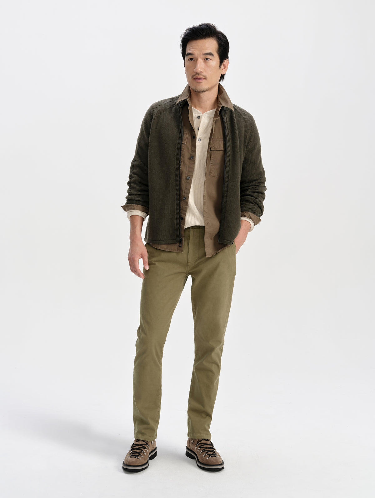 Front full-body view of man wearing the Flint Chino Pant in Cadet from AETHER Apparel.
