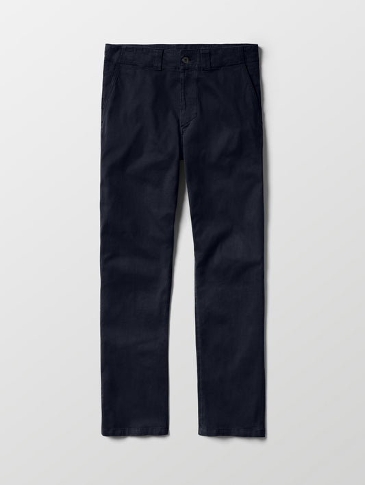 Flat lay of the Flint Chino Pant in Total Eclipse dark blue from AETHER Apparel.