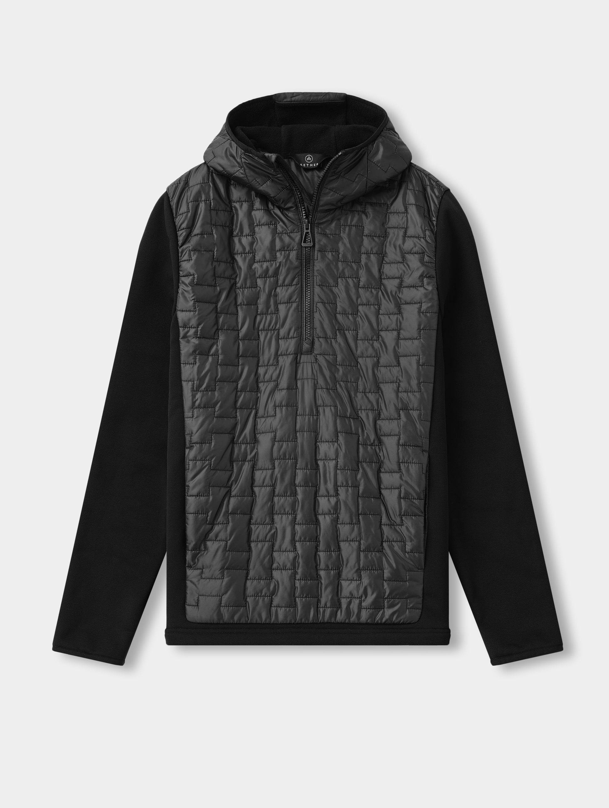 Front upper-body view of man wearing the Hybrid Tech Anorak in Onyx Black from AETHER Apparel. 