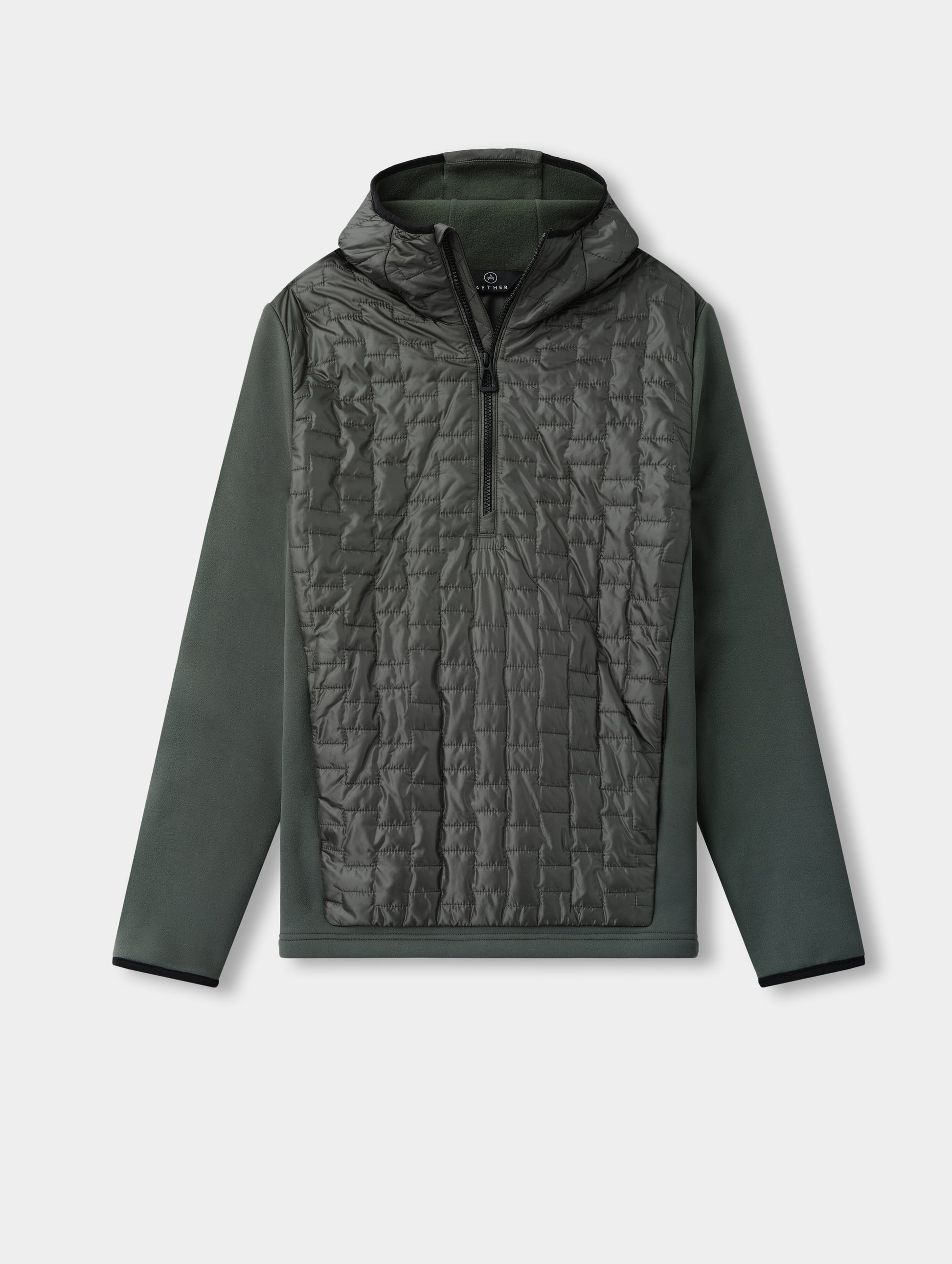Flat lay view of the Hybrid Tech Anorak in Saville Green from AETHER Apparel. 