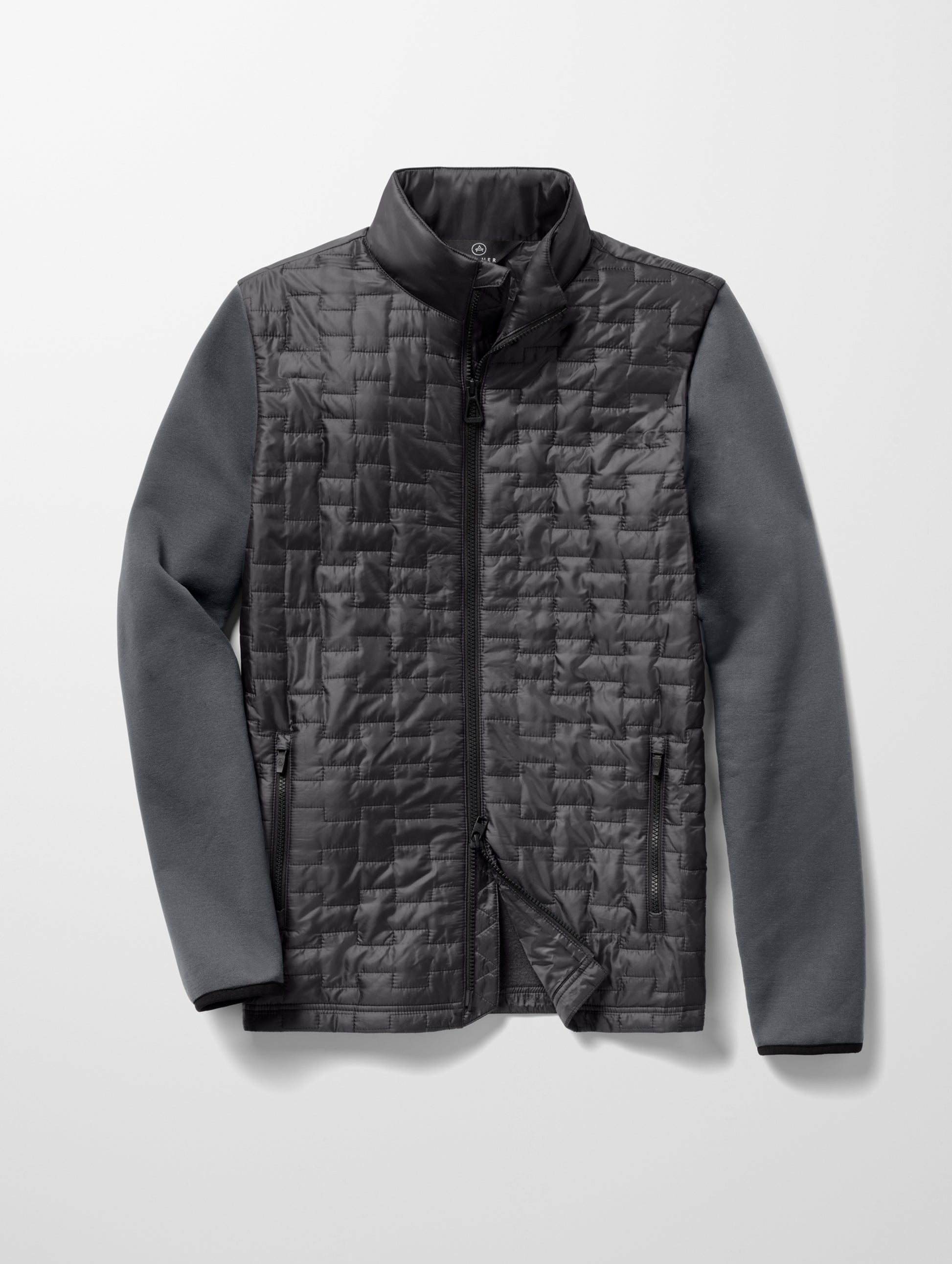 Flat lay image of men's Hybrid Tech Full-Zip in Graphite from AETHER Apparel.