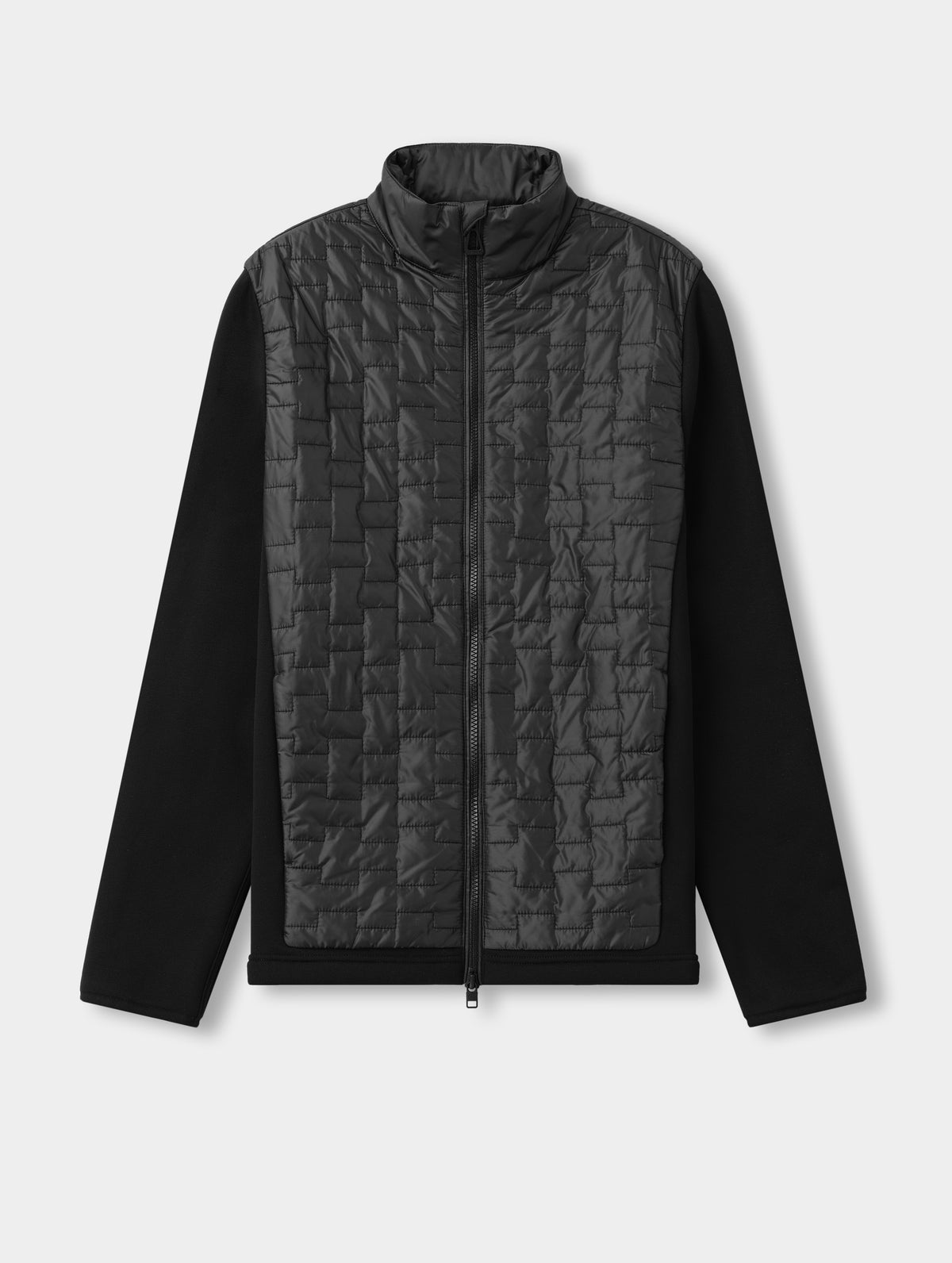Flat lay view of the Hybrid Tech Full-Zip 2.0 in Onyx Black from AETHER Apparel. 