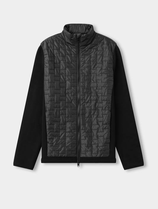 Flat lay view of the Hybrid Tech Full-Zip 2.0 in Onyx Black from AETHER Apparel. 