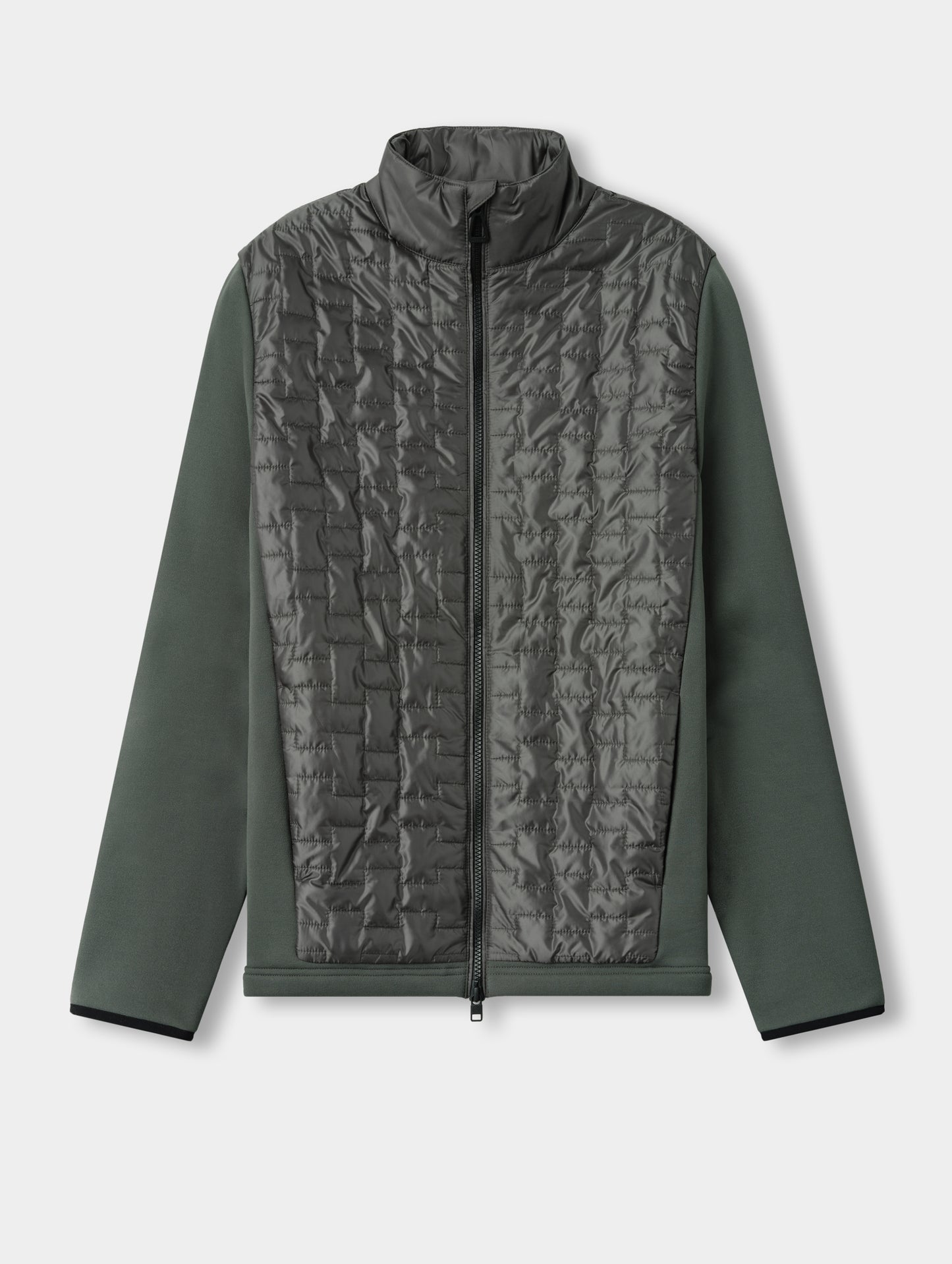 Flat lay view of the Hybrid Tech Full-Zip 2.0 in Saville Green from AETHER Apparel. 