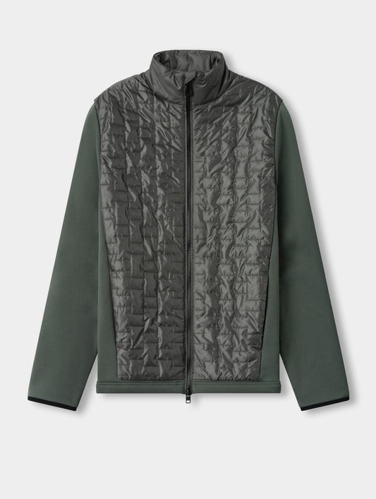 Flat lay view of the Hybrid Tech Full-Zip 2.0 in Saville Green from AETHER Apparel. 