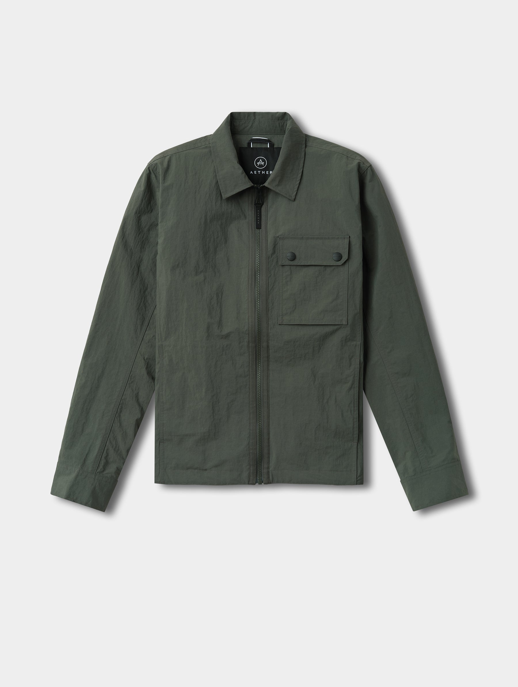Flat lay view of the Landon Jacket in Saville Green from AETHER Apparel.