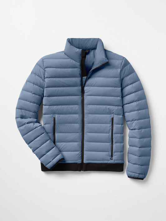 Flat lay of Prospect Packable Down Jacket in Portal Blue from AETHER Apparel.