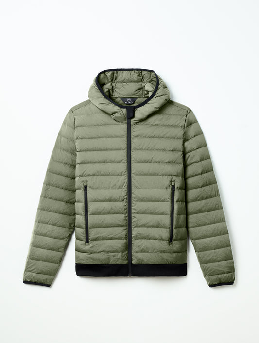 Flat lay of Launch Full-Zip Hooded Jacket in Fern Green from AETHER Apparel.