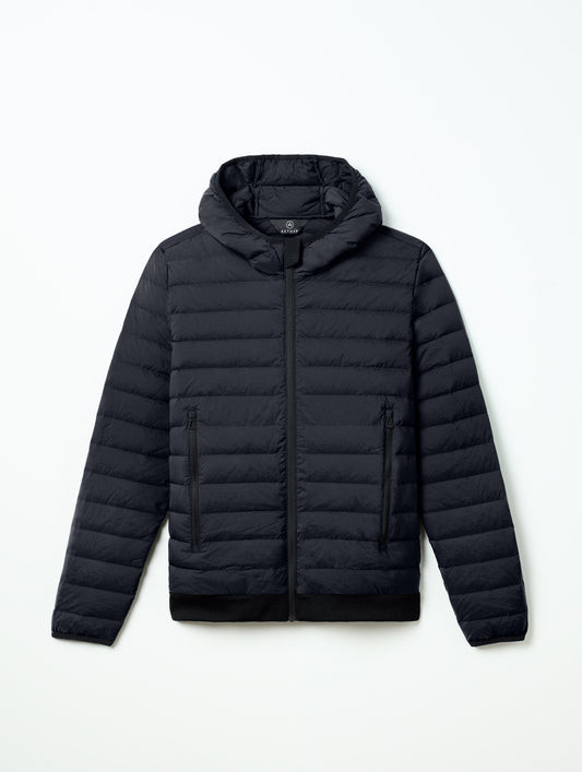 Flay lay of Launch Full-Zip Hooded Jacket in Onyx Black from AETHER Apparel.