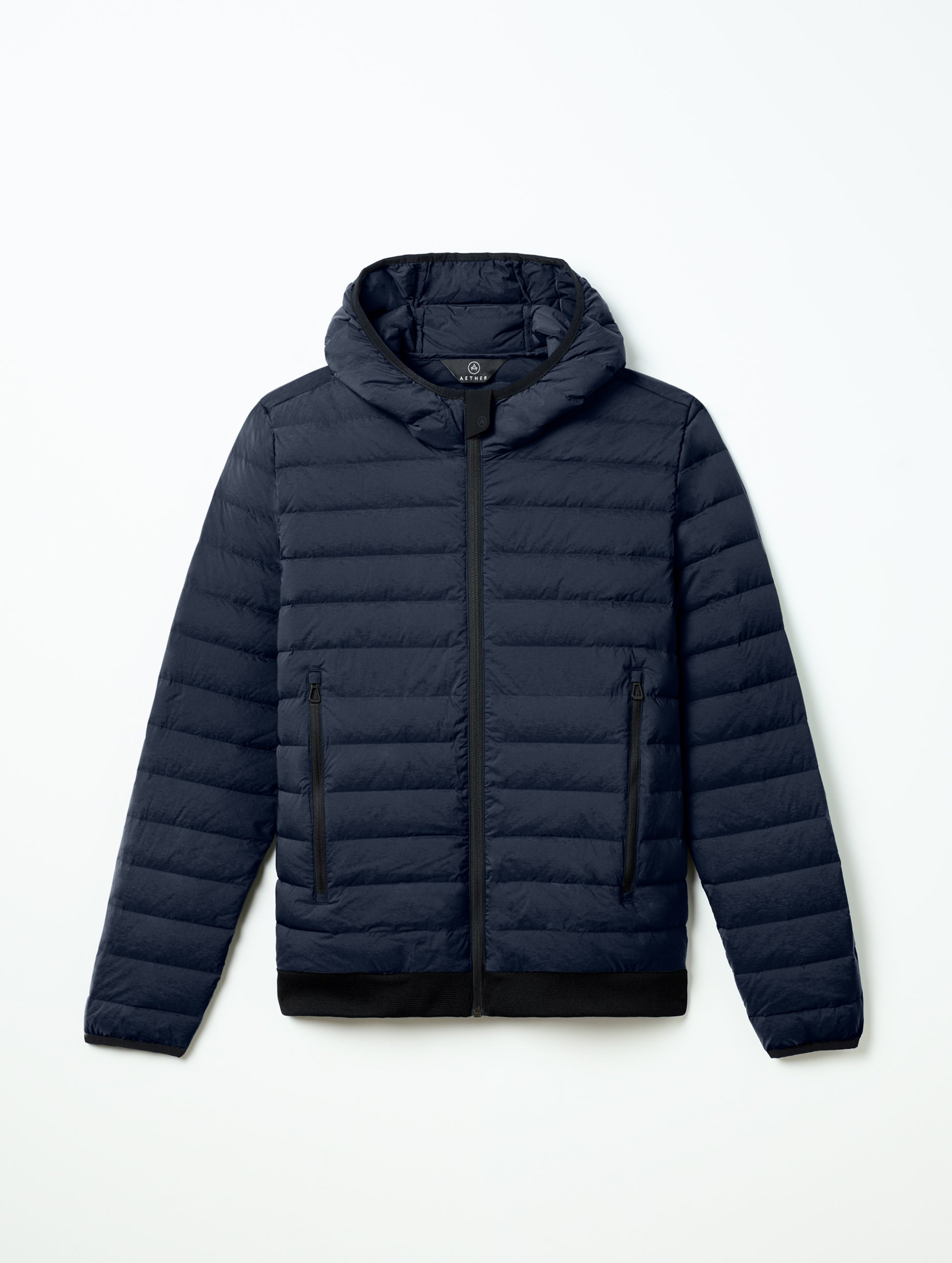 Flat lay of Launch Full-Zip Hooded Jacket in Total Eclipse from AETHER Apparel.
