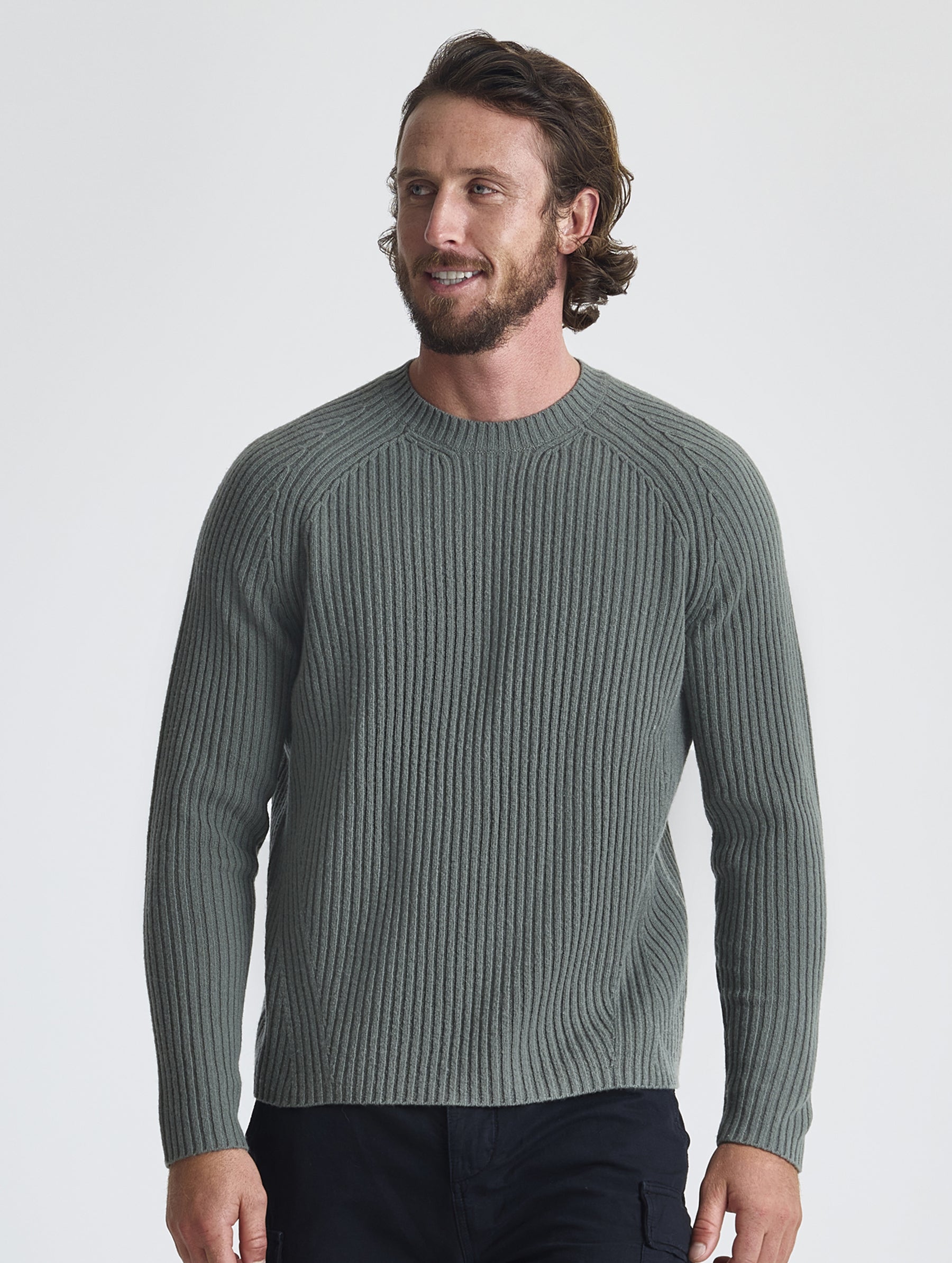 Front view of man wearing Lyon Sweater in Gunmetal grey from AETHER Apparel.