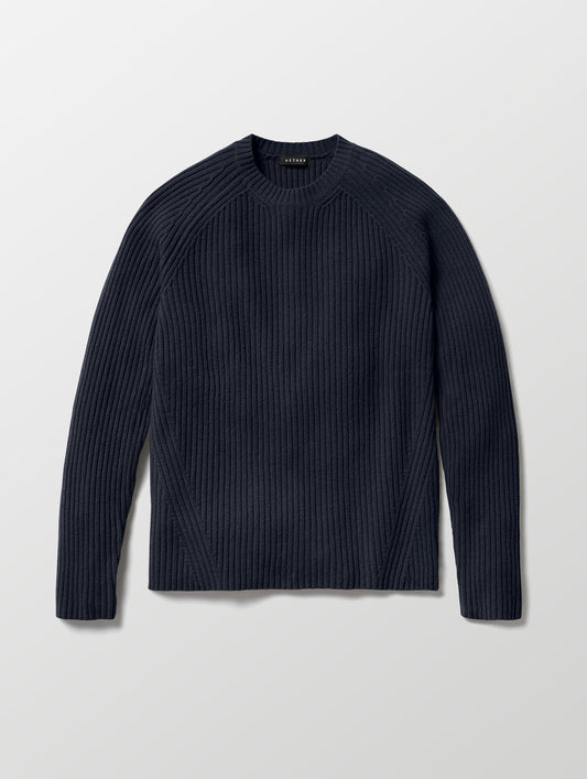 Flat lay of Lyon Sweater in Total Eclipse dark blue from AETHER Apparel. 