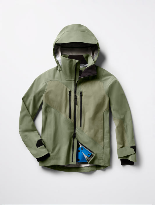 Flat lay of Maverick Snow-Shell Jacket in Fern Green from AETHER Apparel.