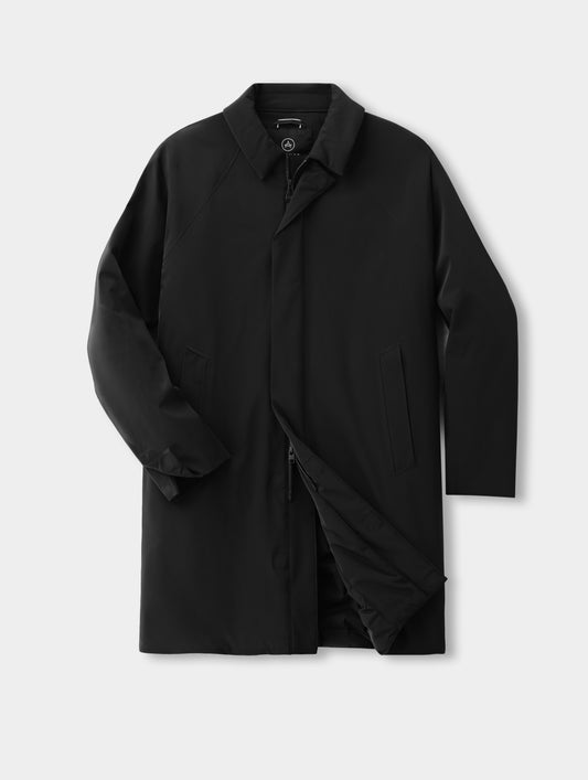 Flat lay of the Maxwell Insulated Trench in Onyx Black from AETHER Apparel.